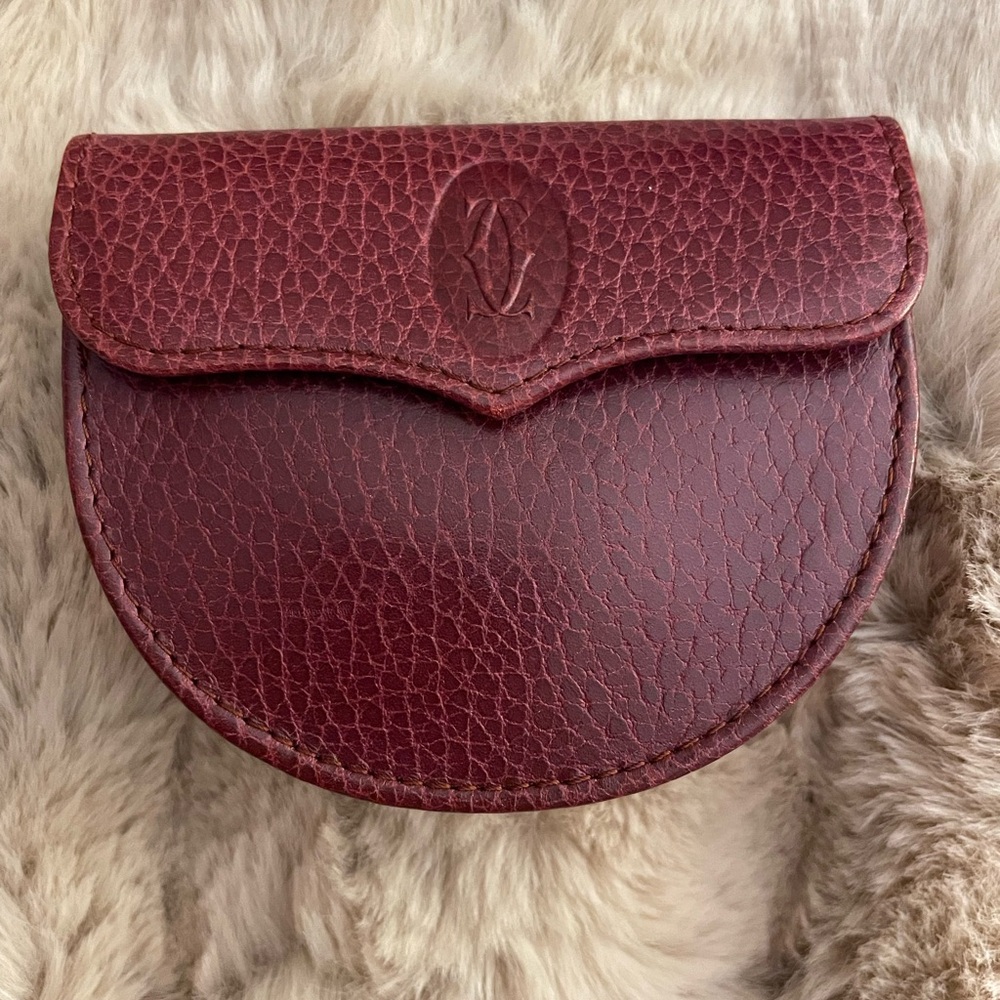 Vintage Cartier Double C Decor Half Circle Coin Case Burgundy Leather Wallet